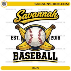 Savannah Bananas Baseball PNG featuring a vintage baseball logo with crossed bananas and varsity lettering
