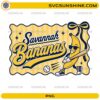 Savannah Bananas PNG with cute banana baseball mascot swinging a bat and retro sports lettering