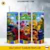 Sesame Street 20oz skinny tumbler PNG sublimation wrap featuring colorful cartoon characters in a cheerful neighborhood scene