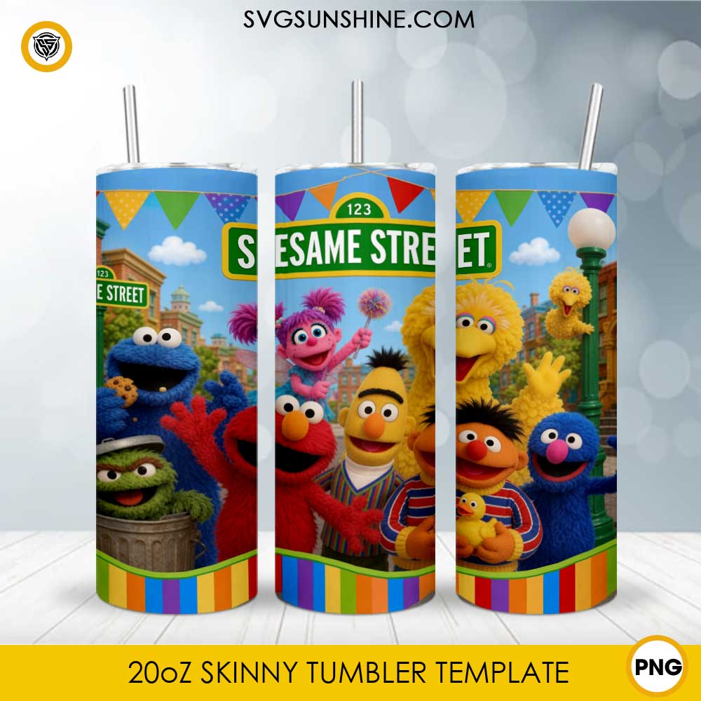 Sesame Street 20oz skinny tumbler PNG sublimation wrap featuring colorful cartoon characters in a cheerful neighborhood scene