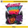 Slasher Summer Retro Horror Camp PNG featuring a creepy cabin, pumpkin, bloody machete, and neon sunset for Cricut and sublimation.