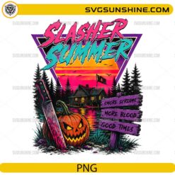 Slasher Summer Retro Horror Camp PNG featuring a creepy cabin, pumpkin, bloody machete, and neon sunset for Cricut and sublimation.
