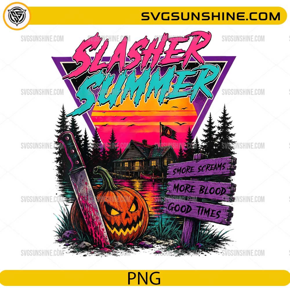 Slasher Summer Retro Horror Camp PNG featuring a creepy cabin, pumpkin, bloody machete, and neon sunset for Cricut and sublimation.