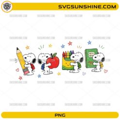 Snoopy Back To School PNG featuring cute school supplies including pencil, apple, crayons, and notebook