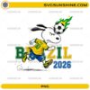 Snoopy Brazil Soccer PNG featuring a cute beagle-inspired football player in a Brazil-inspired yellow and green jersey heading a flaming soccer ball