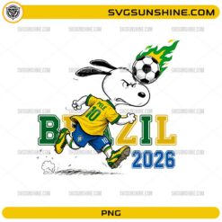 Snoopy Brazil Soccer PNG featuring a cute beagle-inspired football player in a Brazil-inspired yellow and green jersey heading a flaming soccer ball