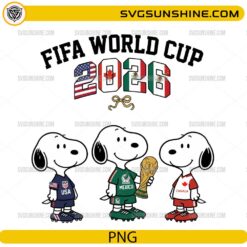 Snoopy FIFA World Cup 2026 PNG featuring USA, Mexico, and Canada soccer-themed cartoon characters with a football trophy.