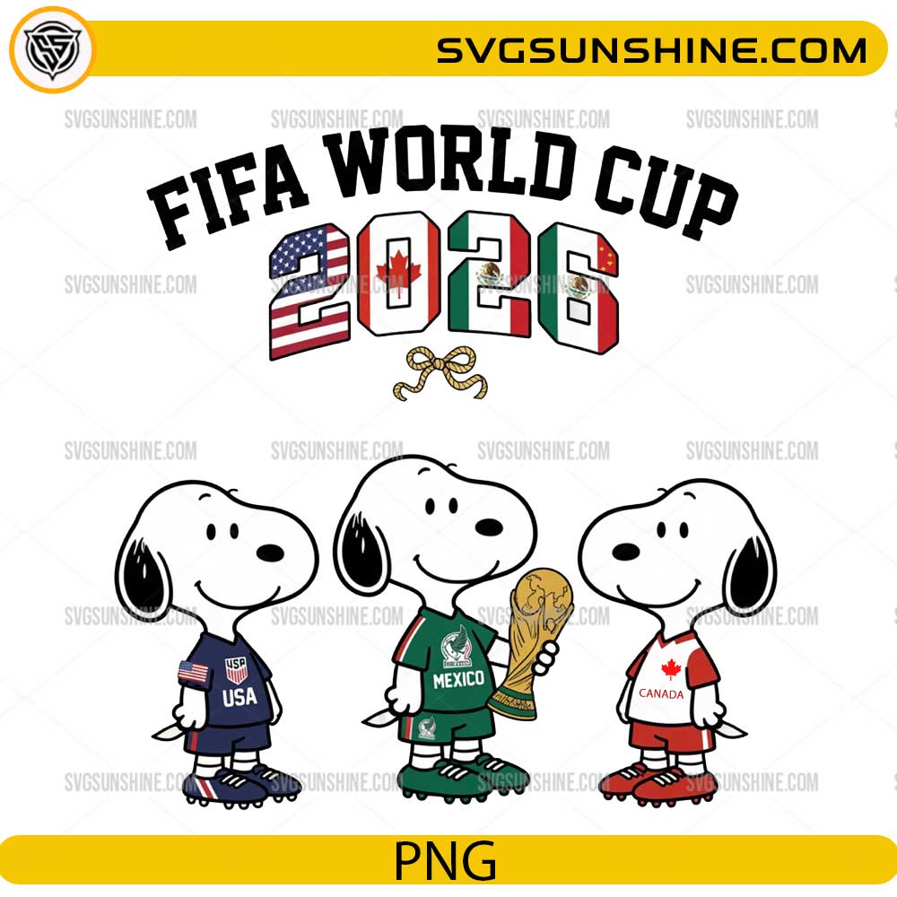 Snoopy FIFA World Cup 2026 PNG featuring USA, Mexico, and Canada soccer-themed cartoon characters with a football trophy.