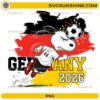 Snoopy Germany Soccer PNG featuring a cute beagle-inspired football player in a Germany-inspired white jersey heading a soccer ball