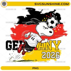 Snoopy Germany Soccer PNG featuring a cute beagle-inspired football player in a Germany-inspired white jersey heading a soccer ball