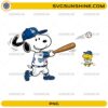Snoopy Los Angeles Dodgers baseball PNG featuring a cartoon dog swinging a bat with a little bird teammate.