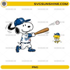 Snoopy Los Angeles Dodgers baseball PNG featuring a cartoon dog swinging a bat with a little bird teammate.
