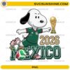Snoopy Mexico Soccer 2026 PNG featuring a cute beagle-inspired football fan in a green Mexico-inspired jersey with a soccer ball and trophy