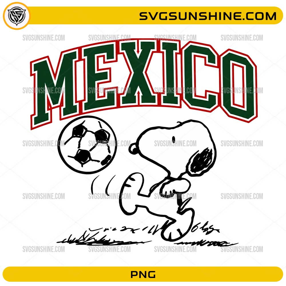 Snoopy Mexico Soccer PNG featuring a cute beagle-inspired football fan dribbling a soccer ball beneath Mexico lettering