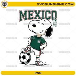 Snoopy Mexico Soccer World Cup 2026 PNG featuring a cute beagle-inspired football fan wearing a Mexico-inspired green jersey with a soccer ball