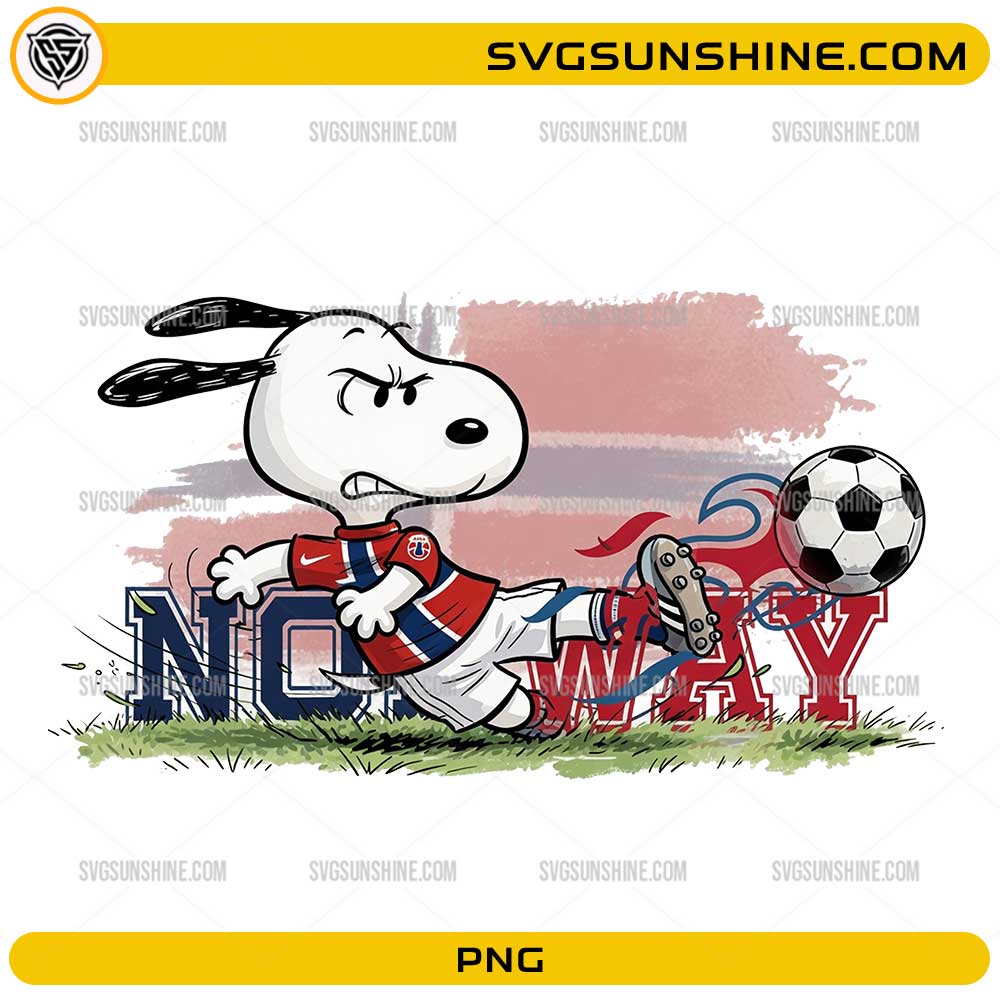Snoopy Norway Soccer PNG featuring a cute beagle-inspired football fan making a slide kick while wearing a Norway-inspired red soccer jersey