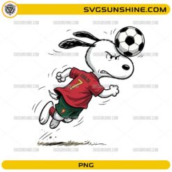 Snoopy Ronaldo Portugal Soccer PNG featuring a cute beagle-inspired football player wearing a Portugal-inspired No. 7 jersey heading a soccer ball