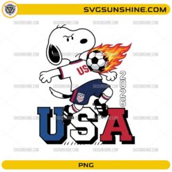 Snoopy USA Soccer World Cup 2026 PNG featuring a cute beagle-inspired football fan wearing a USA-inspired jersey with a flaming soccer ball
