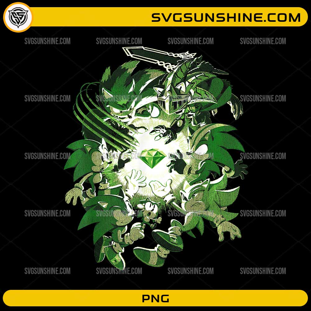 Sonic Through the Ages PNG featuring multiple green Sonic character styles surrounding a glowing emerald