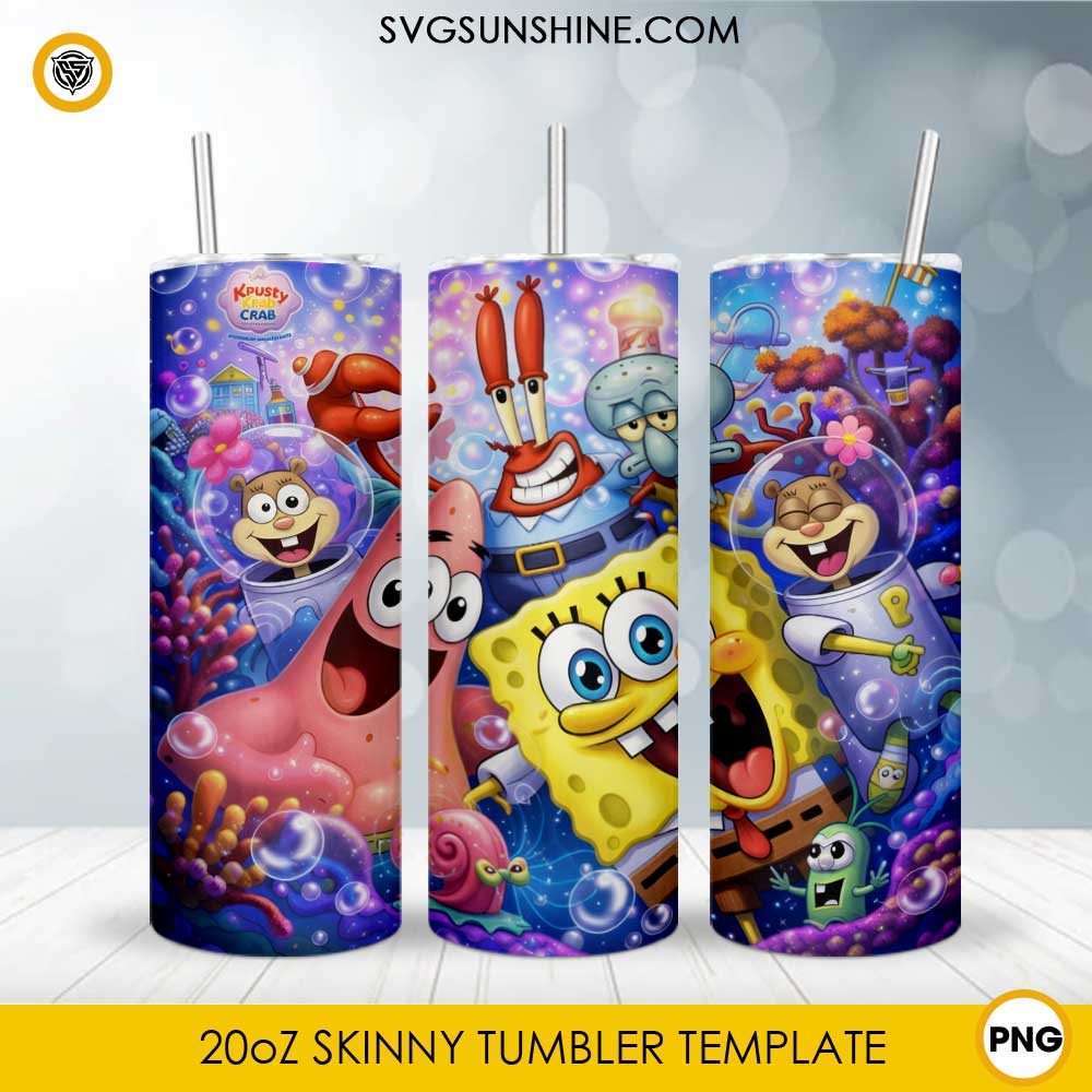 SpongeBob SquarePants 20oz skinny tumbler PNG sublimation wrap featuring SpongeBob, Patrick, Sandy, Mr. Krabs, Squidward, and colorful Bikini Bottom artwork