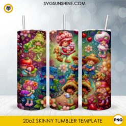 Strawberry Shortcake 20oz skinny tumbler PNG sublimation wrap featuring cute vintage cartoon characters, strawberries, cherries, flowers, and colorful garden artwork
