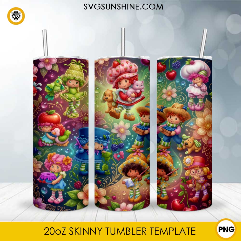 Strawberry Shortcake 20oz skinny tumbler PNG sublimation wrap featuring cute vintage cartoon characters, strawberries, cherries, flowers, and colorful garden artwork