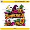 Summerween PNG featuring a tropical Halloween design with a witch hat, pineapple jack-o'-lanterns, surfboard, hibiscus flowers, coconut drink, and beach elements