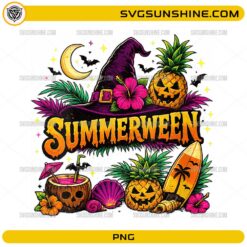 Summerween PNG featuring a tropical Halloween design with a witch hat, pineapple jack-o'-lanterns, surfboard, hibiscus flowers, coconut drink, and beach elements