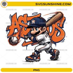 Super Mario Houston Astros PNG featuring Mario in a Houston Astros-inspired baseball uniform swinging a bat.