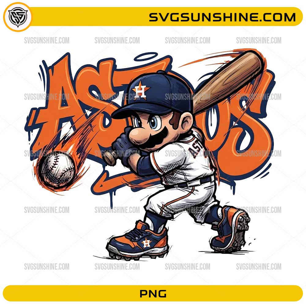 Super Mario Houston Astros PNG featuring Mario in a Houston Astros-inspired baseball uniform swinging a bat.