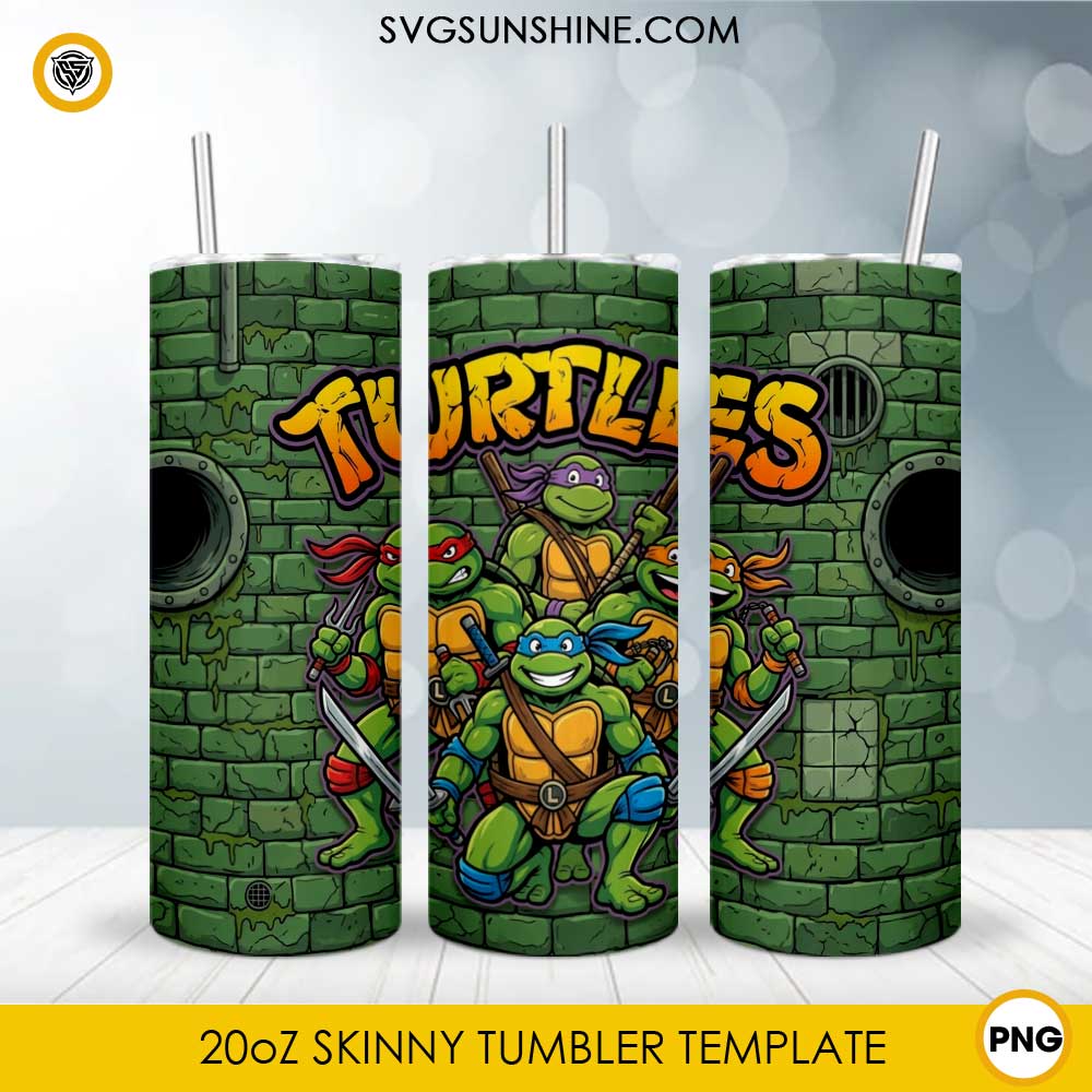 Teenage Mutant Ninja Turtles 20oz skinny tumbler PNG sublimation wrap featuring Leonardo, Michelangelo, Donatello, Raphael, and a classic sewer background