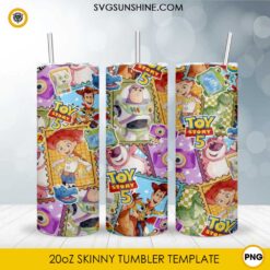 Toy Story 5 20oz skinny tumbler PNG sublimation wrap featuring Woody, Buzz Lightyear, Jessie, Rex, Lotso, Bullseye, and colorful cartoon collage artwork