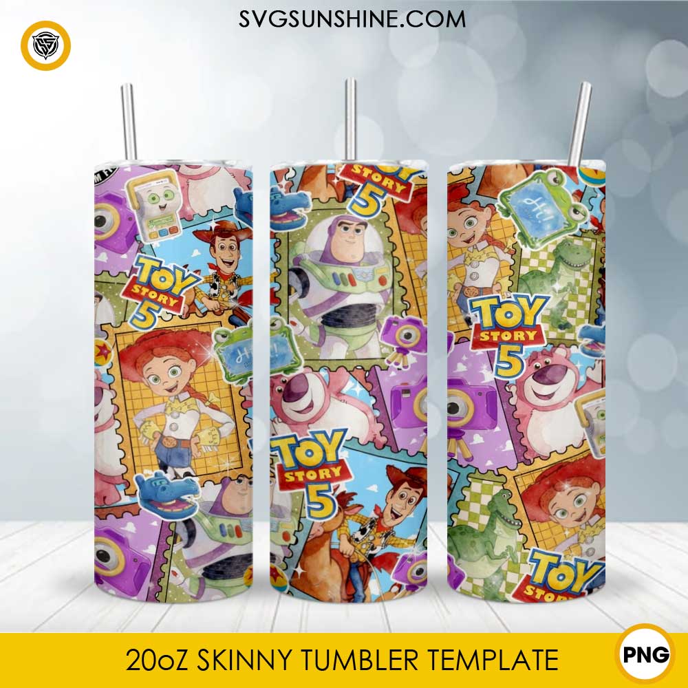 Toy Story 5 20oz skinny tumbler PNG sublimation wrap featuring Woody, Buzz Lightyear, Jessie, Rex, Lotso, Bullseye, and colorful cartoon collage artwork