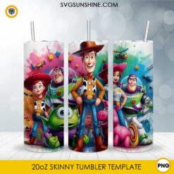 Toy Story Characters 20oz skinny tumbler PNG sublimation wrap featuring Woody, Buzz Lightyear, Jessie, Lotso, Mike Wazowski, and colorful watercolor splash artwork