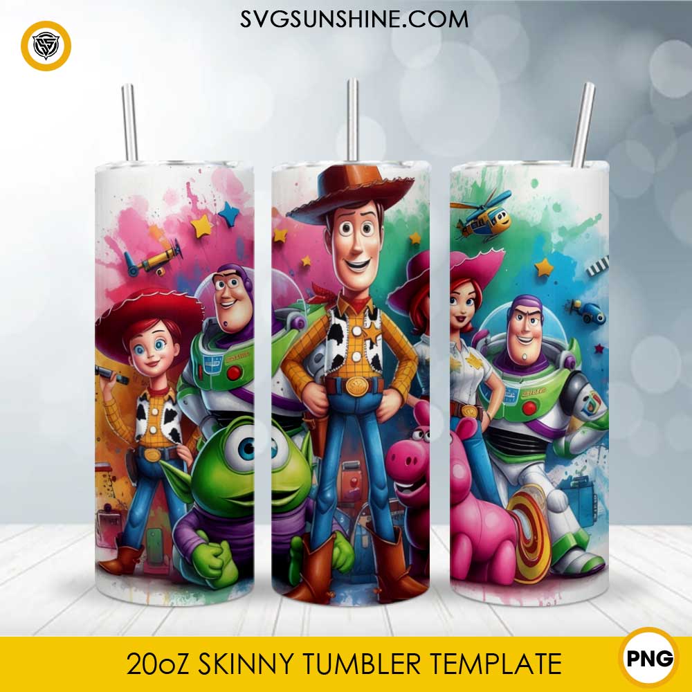 Toy Story Characters 20oz skinny tumbler PNG sublimation wrap featuring Woody, Buzz Lightyear, Jessie, Lotso, Mike Wazowski, and colorful watercolor splash artwork
