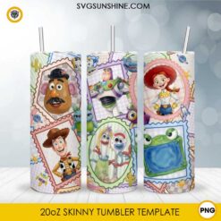 Toy Story Friends 20oz skinny tumbler PNG sublimation wrap featuring Woody, Buzz Lightyear, Jessie, Forky, Mr. Potato Head, and colorful scrapbook artwork