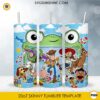 Toy Story Friends 20oz skinny tumbler PNG sublimation wrap featuring Woody, Buzz Lightyear, Jessie, Alien, Rex, Slinky Dog, Forky, and colorful sky background