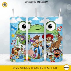 Toy Story Friends 20oz skinny tumbler PNG sublimation wrap featuring Woody, Buzz Lightyear, Jessie, Alien, Rex, Slinky Dog, Forky, and colorful sky background