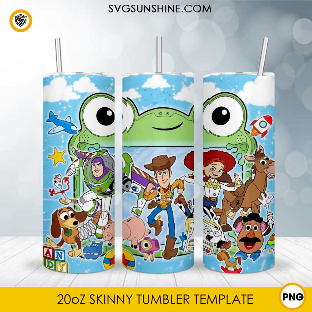 Toy Story Friends 20oz skinny tumbler PNG sublimation wrap featuring Woody, Buzz Lightyear, Jessie, Alien, Rex, Slinky Dog, Forky, and colorful sky background