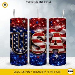 USA Flag 20oz skinny tumbler PNG sublimation wrap featuring patriotic red white blue glitter stars and American flag design