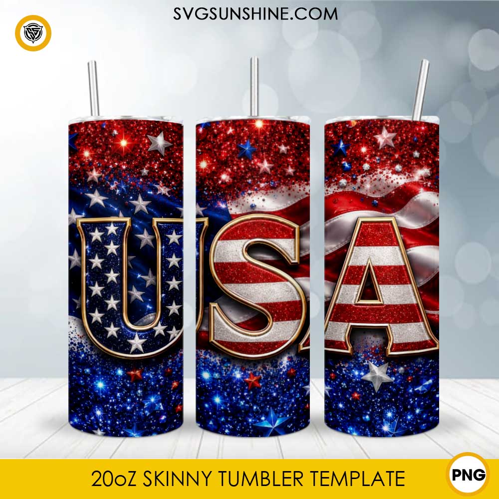 USA Flag 20oz skinny tumbler PNG sublimation wrap featuring patriotic red white blue glitter stars and American flag design