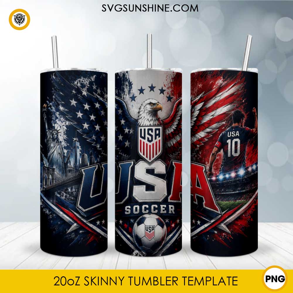 USA Soccer 20oz skinny tumbler PNG sublimation wrap featuring patriotic eagle, soccer ball, stadium lights, and American flag colors