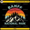 Vintage Banff National Park PNG featuring retro mountains, pine forest, and colorful sunset