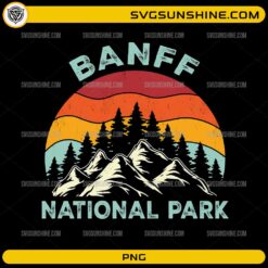 Vintage Banff National Park PNG featuring retro mountains, pine forest, and colorful sunset