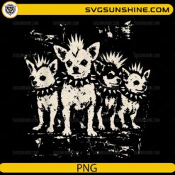 Vintage Punk Chihuahua Rock PNG featuring cute Chihuahuas with mohawks and spiked collars in a distressed black-and-white punk style.