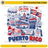 Vintage San Juan Puerto Rico PNG with Puerto Rican flags, travel icons, and cultural artwork