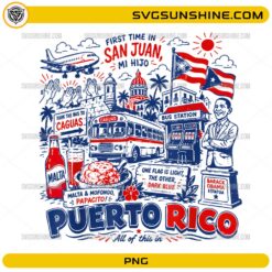 Vintage San Juan Puerto Rico PNG with Puerto Rican flags, travel icons, and cultural artwork