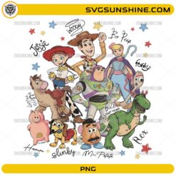 Vintage Toy Story Signatures PNG featuring classic toy-inspired characters with autograph-style names