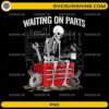 Waiting On Parts PNG featuring a skeleton mechanic sitting on a toolbox in an auto repair garage with tools and coffee