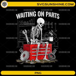 Waiting On Parts PNG featuring a skeleton mechanic sitting on a toolbox in an auto repair garage with tools and coffee